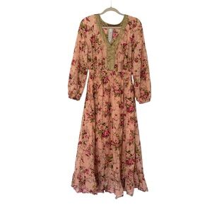 Aratta Silent Journey Medium Pink Floral Satin Trim Boho Cottagecore Maxi Dress